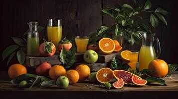 une verre de Orange jus et Orange ai génératif jus dans une verre cruche avec Frais des fruits sur en bois tableau. Orange jus et Frais des fruits encore vie. photo