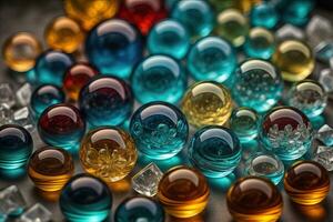 coloré verre marbres sur une le tableau. sélectif se concentrer. ai génératif photo