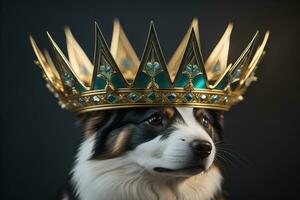 portrait de une mignonne chien dans une d'or couronne sur une solide Couleur Contexte. ai génératif photo