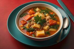 légume soupe dans une bol sur en bois Contexte. ai génératif photo