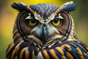 hibou avec Jaune yeux sur une solide Contexte. ai génératif photo