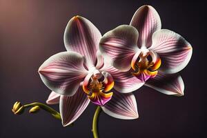 proche en haut de magnifique orchidée fleur sur foncé arrière-plan, studio tir. ai génératif photo
