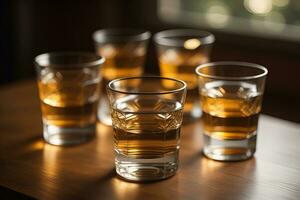 des lunettes de whisky sur une en bois table dans une pub ou restaurant. ai génératif photo