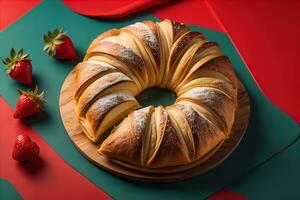 fraîchement cuit sucré petits pains sur une rouge Contexte. tonique. ai génératif photo