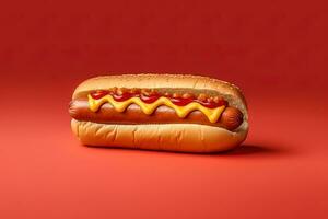 chaud chien avec moutarde et ketchup isolé sur une rouge Contexte. ai généré photo