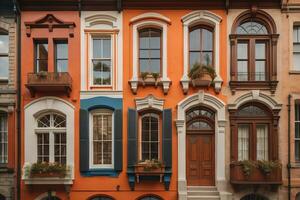 coloré les fenêtres de une typique maison dans le ville, ai génératif photo