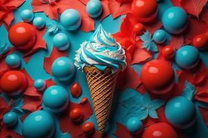 la glace crème dans gaufre cône sur bleu arrière-plan, Haut voir, plat poser. ai génératif photo