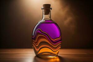 bouteille avec une liquide sur une solide Couleur Contexte. ai génératif photo