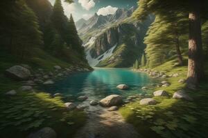 magnifique fantaisie paysage avec une rivière dans le montagnes. ai génératif photo