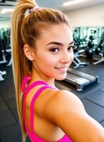 selfie de en forme Jeune femme dans le salle de sport, génératif ai photo