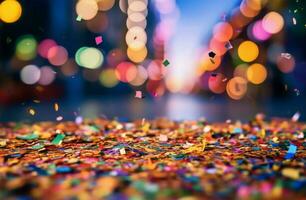 coloré confettis dans de face de coloré Contexte avec bokeh pour carnaval ai généré photo