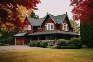 luxe maison avec véranda, gros arbre et agréable paysage ai généré photo