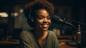 femme podcasteur enregistrement un l'audio Podcast dans une radio station ou Podcast studio, avec une concentrer sur sa visage ai généré photo