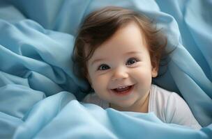 portrait de une mignonne peu garçon sur une bleu en tissu Contexte ai généré photo