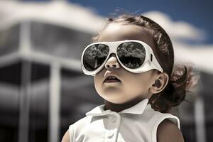 mignonne bébé avec des lunettes de soleil dans nager bassin. été vacances concept ai généré photo