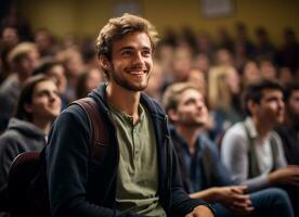 portrait de une souriant Jeune homme séance dans une conférence salle ai généré photo