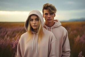 mode Extérieur photo de magnifique couple avec blond cheveux dans élégant vêtements posant dans blé champ ai généré