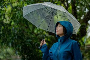 Jeune asiatique femme sentiment Frais en dessous de parapluie dans pluvieux saison et vert la nature Contexte. photo