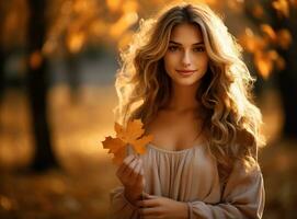 magnifique fille avec chute feuilles photo