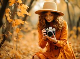 magnifique femelle l'automne femme avec caméra dans parc photo