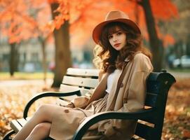 magnifique femme est séance sur une banc dans parc dans l'automne saison photo