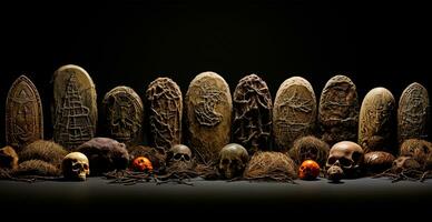 sombre pierres tombales dans le cimetière, Halloween Festival de le mort - ai généré image photo