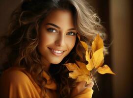 magnifique fille avec chute feuilles photo