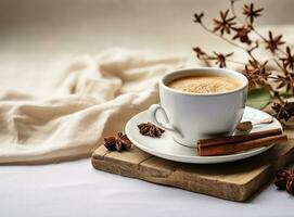 tasse de café avec bois et épices photo