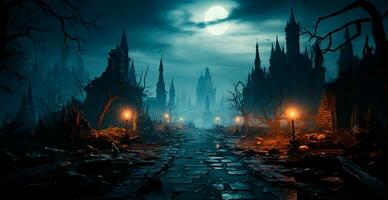 terrifiant nuit dans foncé médiéval château, effrayant atmosphère pour Halloween vacances Contexte concept - ai généré image photo