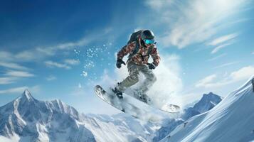 homme dans ski des lunettes de protection monte une snowboard de une neigeux Montagne photo