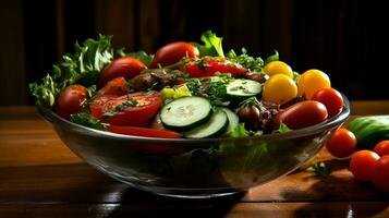 coloré salade bol rempli avec Frais feuillu légumes verts, ai généré photo