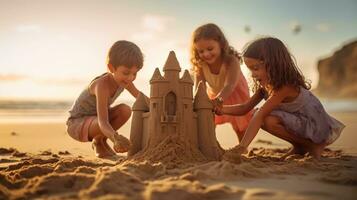 une espiègle image de les enfants bâtiment châteaux de sable sur une ensoleillé plage, ai généré photo