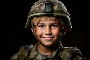 portrait de une mignonne peu garçon dans militaire uniforme sur foncé Contexte ai généré photo