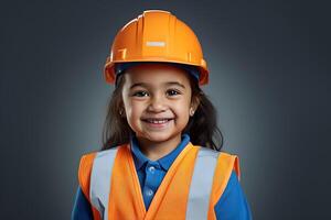 portrait de une souriant peu fille dans une construction casque ai généré photo