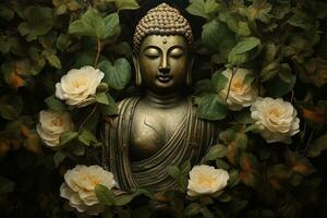 Bouddha statue avec lotus fleur et vert feuilles Contexte ai généré photo