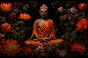 Bouddha statue entouré par Orange fleurs sur une noir Contexte ai généré photo