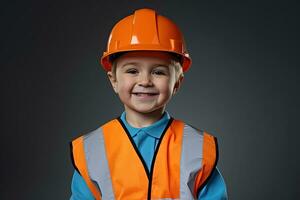 portrait de une mignonne peu garçon dans une construction casque ai généré photo