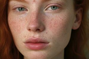 une proche en haut de une femme avec taches de rousseur ai généré photo