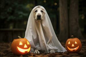 Halloween thème. chien dans fantôme costume avec citrouilles sur foncé Contexte ai généré photo