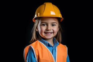 portrait de une souriant peu fille dans une construction casque ai généré photo