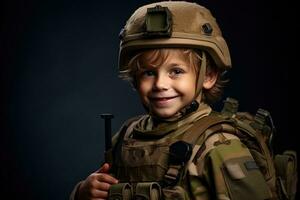 portrait de une mignonne peu garçon dans militaire uniforme sur foncé Contexte ai généré photo