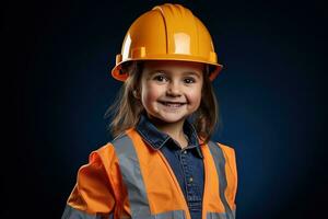 portrait de une souriant peu fille dans une construction casque ai généré photo