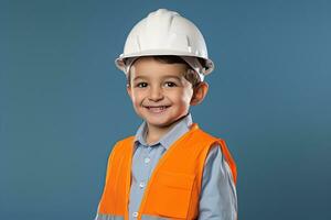 portrait de une mignonne peu garçon dans une construction casque ai généré photo