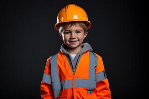 portrait de une mignonne peu garçon dans une construction casque ai généré photo