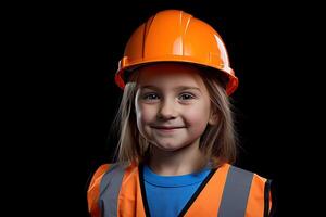 portrait de une souriant peu fille dans une construction casque ai généré photo