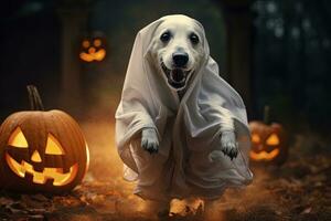 Halloween thème. chien dans fantôme costume avec citrouilles sur foncé Contexte ai généré photo