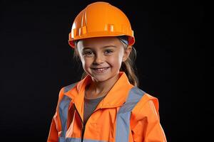 portrait de une souriant peu fille dans une construction casque ai généré photo