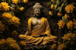 Bouddha statue entouré par Jaune fleurs ai généré photo
