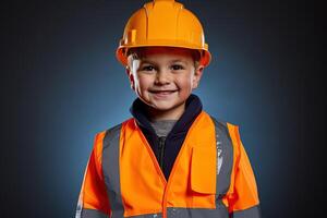 portrait de une mignonne peu garçon dans une construction casque ai généré photo