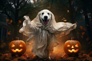 Halloween thème. chien dans fantôme costume avec citrouilles sur foncé Contexte ai généré photo